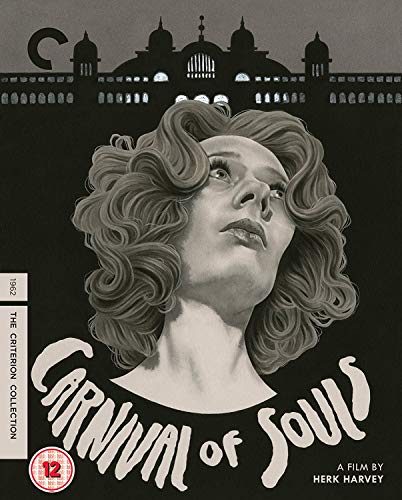 Black and white film poster featuring a woman looking upwards, haunted building.