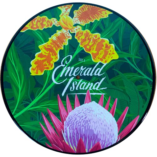 Vinyl record with tropical flower illustration and “Emerald Island” text.