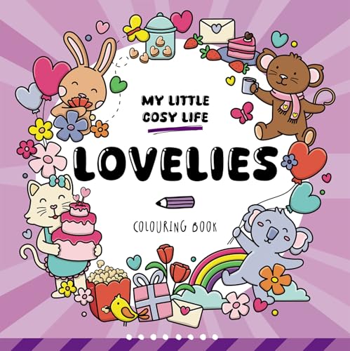 Colouring book cover with cute animals, hearts, and floral decorations.