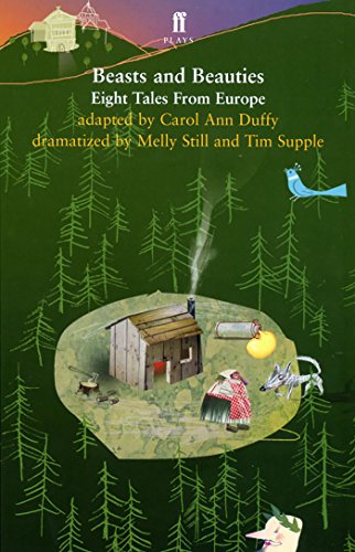 Book cover for Beasts and Beauties featuring a forest illustration with a small cabin.
