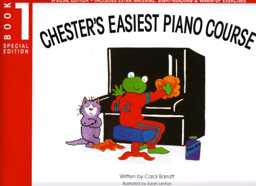Piano course book cover with cartoon frog playing and a cat.