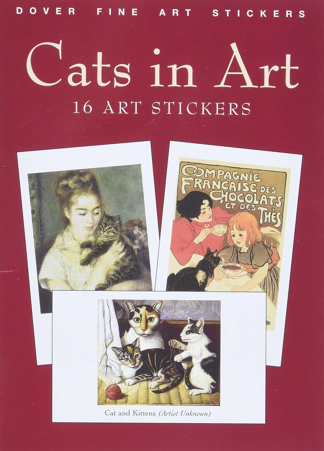 Cover of Cats in Art sticker book featuring three classic paintings of cats.