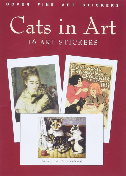 Cover of Cats in Art sticker book featuring three classic paintings of cats.