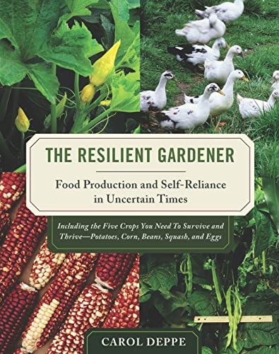 Book cover featuring garden crops, ducks, and the title "The Resilient Gardener.