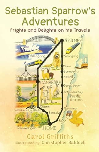 Book cover: Sebastian Sparrow’s Adventures with a cartoon sparrow and Australian landmarks.