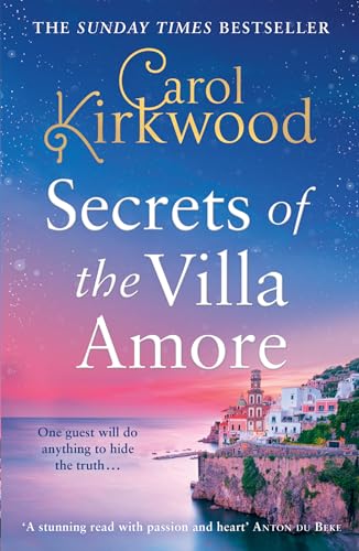 Book cover: "Secrets of the Villa Amore" with coastal Italian village scene.