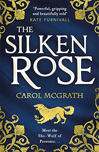 Book cover: dark blue with gold text, a wolf, and floral designs.