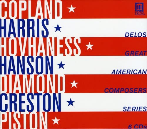 CD cover with red and white stripes, blue text listing composers’ names.