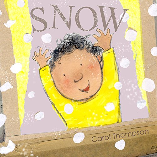Illustration of a child with curly hair looking up at falling snow.