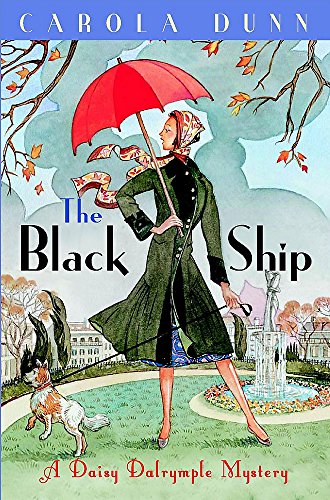 Book cover: woman with red umbrella, dog, and distant ship.