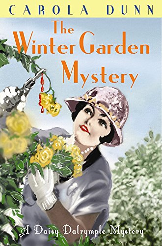 Book cover: woman in hat with yellow roses, garden scene, mystery.