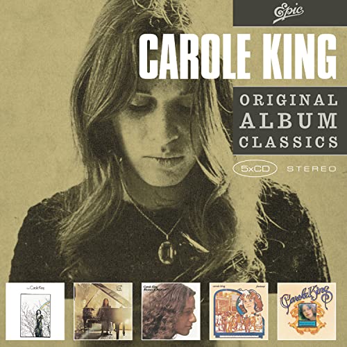 Sepia photo of Carole King with five smaller album covers at bottom edge.