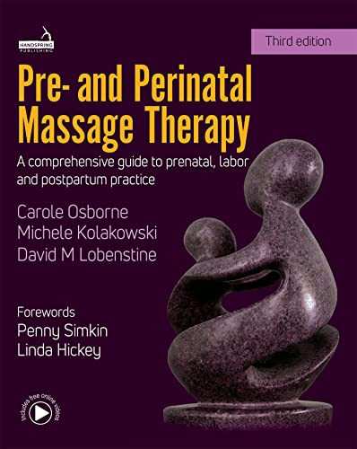 Book cover: "Pre- and Perinatal Massage Therapy" with sculpture of a pregnant figure.