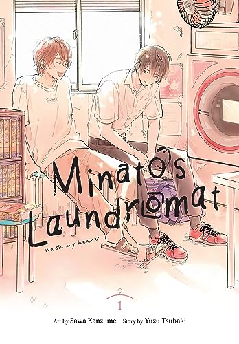 Manga cover: two young men in a laundromat, pink and white tones.