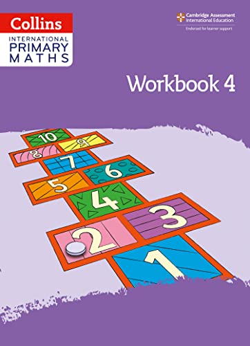 Purple cover of Collins International Primary Maths Workbook 4 featuring a hopscotch game illustration.