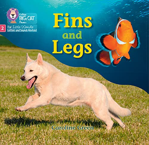 Book cover with a clownfish, dog, and text “Fins and Legs”.