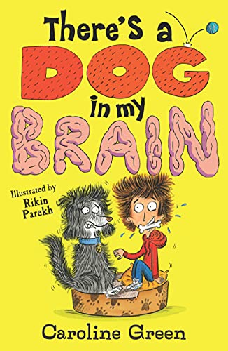 Book cover: boy, black dog, and pink brain illustrations on yellow background.
