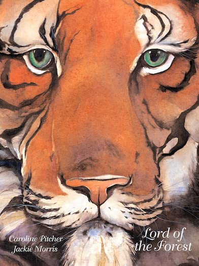 Close-up watercolor painting of a tiger’s face, with green eyes.