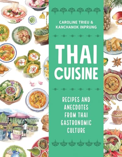 Cookbook cover with illustrations of Thai food and market scenes.