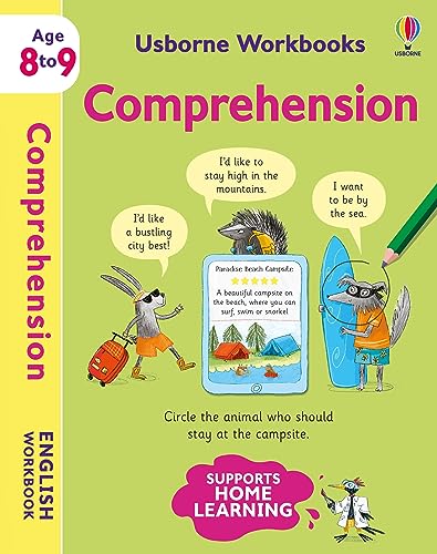 Usborne Comprehension workbook for ages 8-9 featuring cartoon animals and a beach campsite activity.