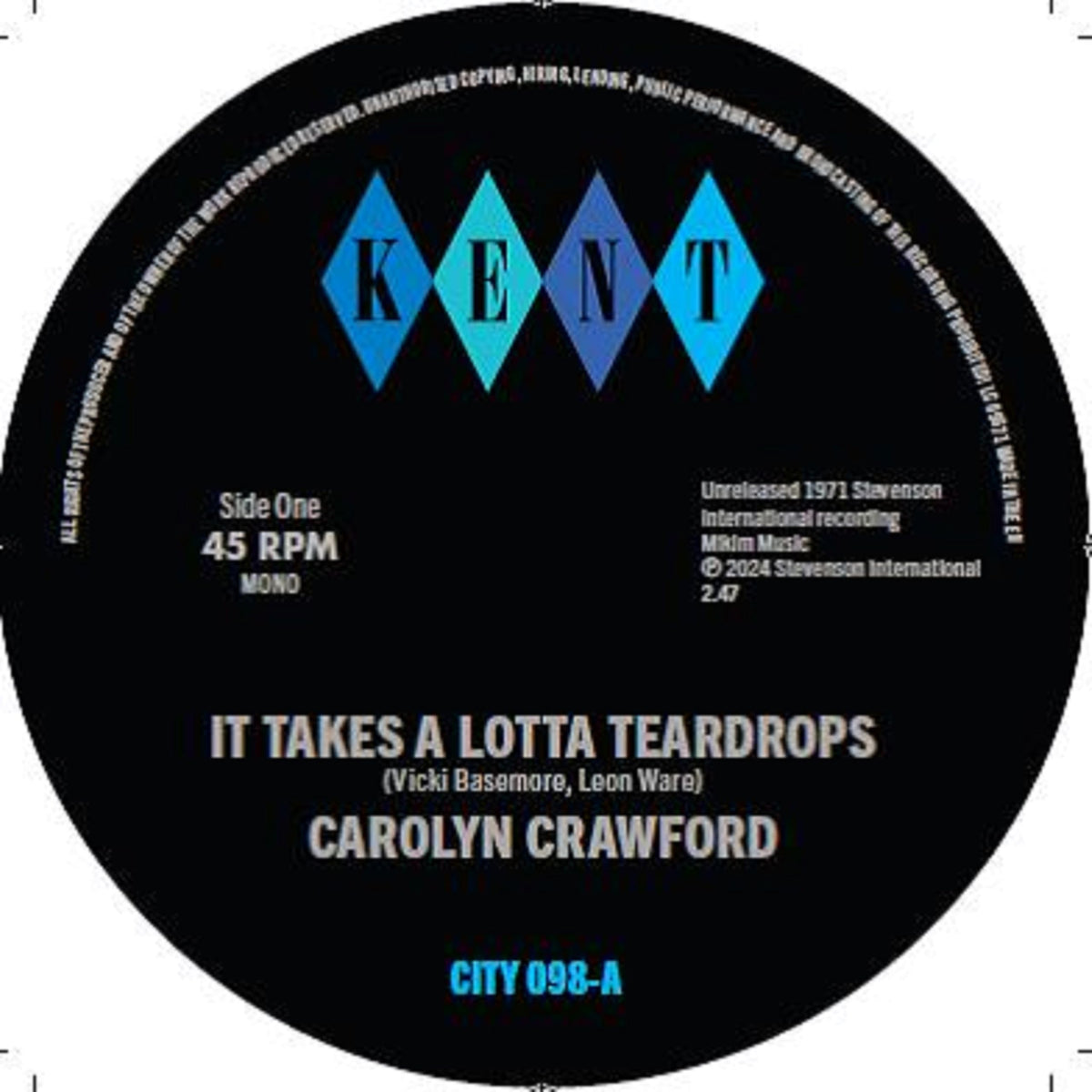 Black vinyl record label with blue diamond-shaped “KENT” logo and white text.