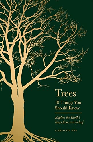 Gold tree illustration on a dark green cover for the book "Trees.