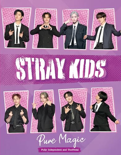 Eight members of Stray Kids in black suits arranged in two rows on purple background.