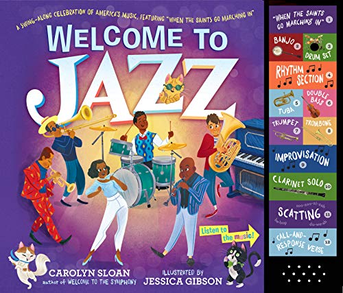 Colorful illustration of children dancing, musical notes, and jazz instruments on book cover.