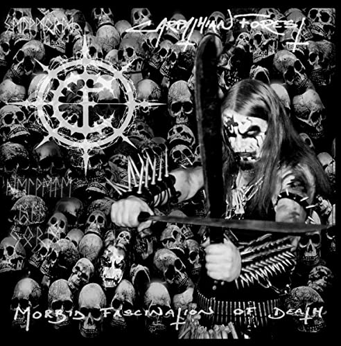 Black and white album cover with a person holding a blade amidst skulls.