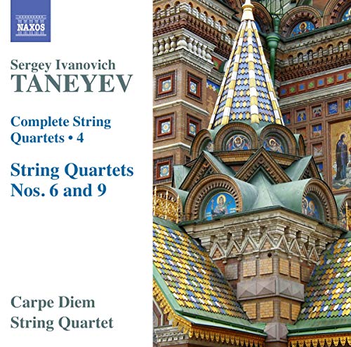 CD cover featuring text about Taneyev string quartets next to an ornate Russian church spire.