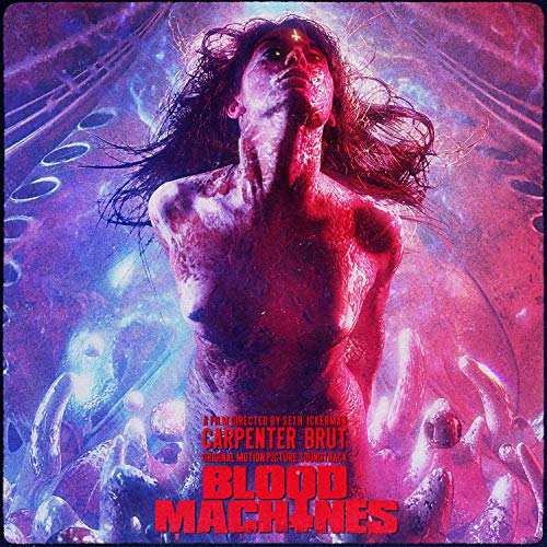 CD cover for Carpenter Brut’s “Blood Machines” with a woman in blue and red.