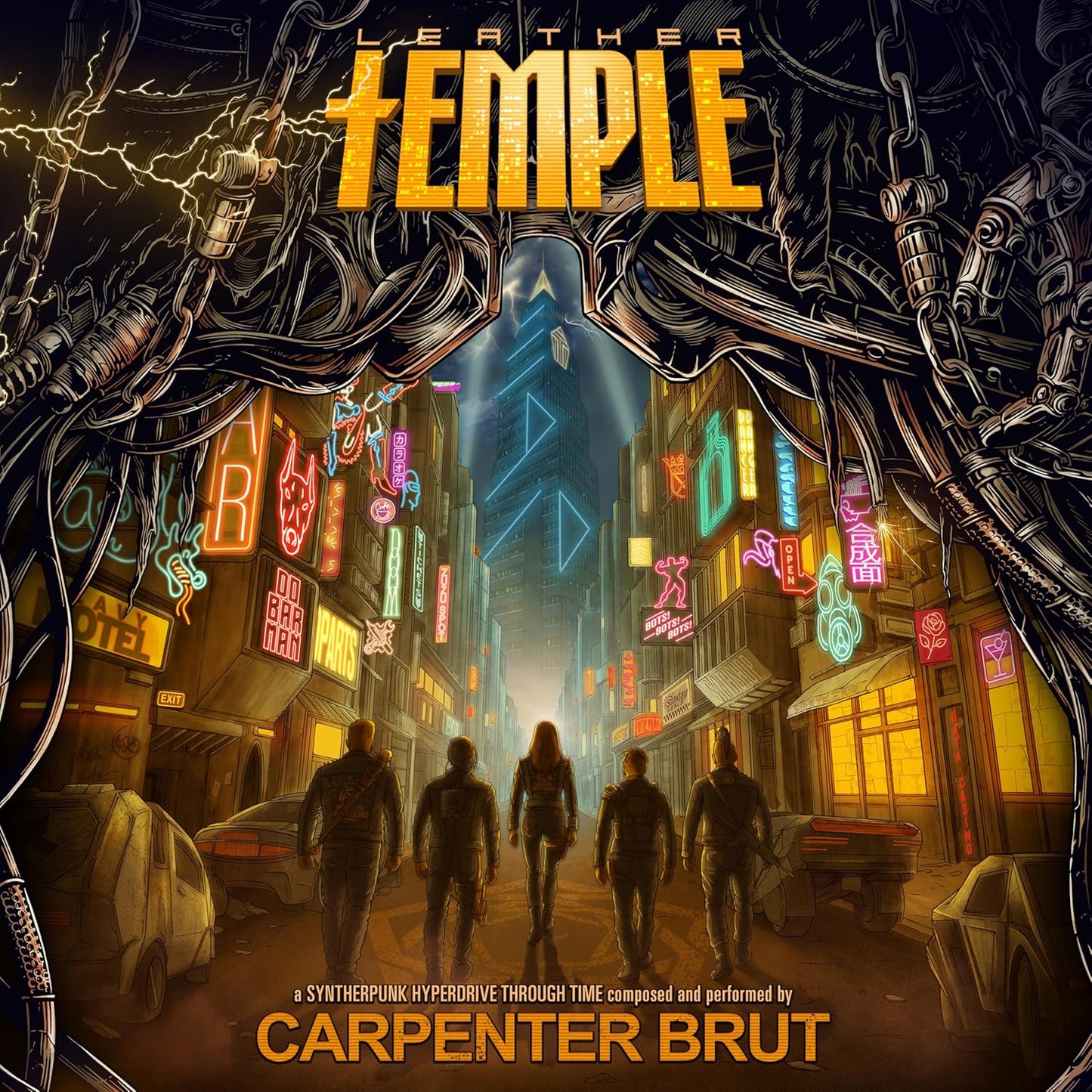 Carpenter Brut’s “Leather Temple” album cover: a neon-lit, futuristic cityscape.