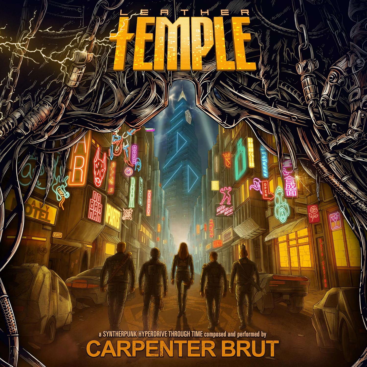Carpenter Brut’s “Leather Temple” album cover: a neon-lit, futuristic cityscape.