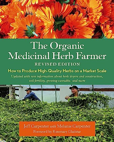 Book cover featuring orange flowers and farmers working in a greenhouse.