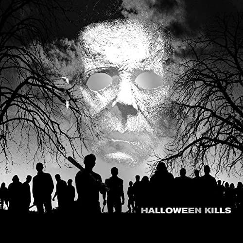 Black and white album cover for "Halloween Kills" featuring a masked face and crowd.