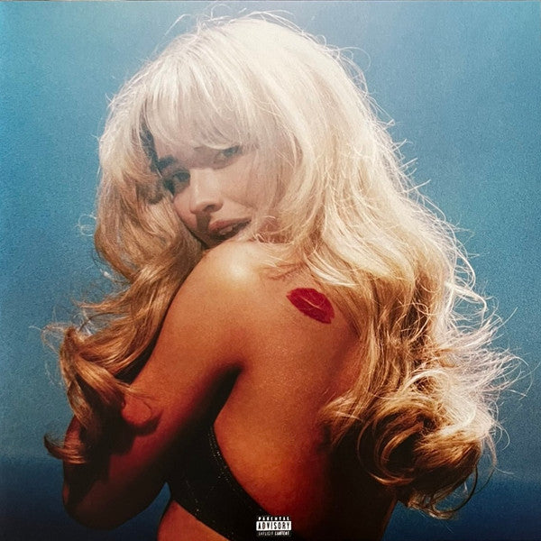Sabrina Carpenter album cover featuring a blonde woman with a red lip mark.