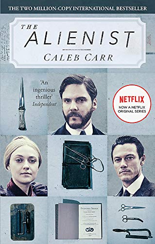 Book cover for The Alienist featuring portraits of the cast and vintage medical tools.