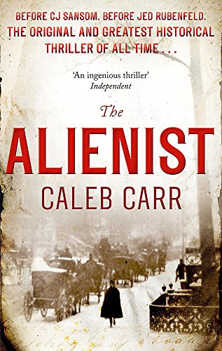 Book cover for The Alienist by Caleb Carr featuring a vintage snowy street scene.