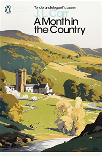 Book cover: painted landscape with church tower, title “A Month in the Country.”
