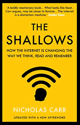 Book cover for The Shallows by Nicholas Carr, featuring a yellow background and wifi icon.