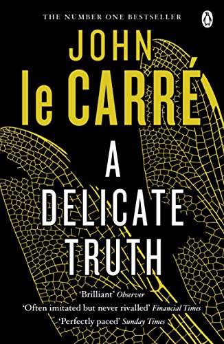 "A Delicate Truth" book cover with yellow butterfly wings on a black background.
