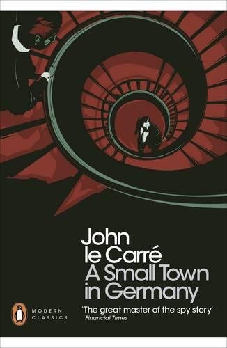 Book cover with spiral staircase illustration, two figures, and title "A Small Town in Germany".