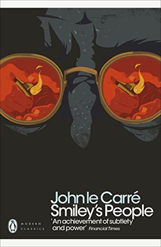 "Book cover of 'Smiley's People' by John le Carré, featuring glasses with red lenses."