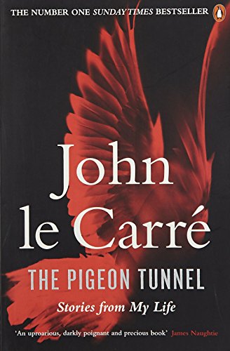 "The Pigeon Tunnel: Stories from My Life" book cover with red bird wings on black background.