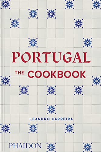 Cookbook cover with red title "Portugal" on a blue-patterned tile background.