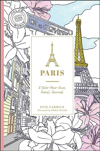 Coloring journal cover featuring the Eiffel Tower and Parisian street scenes.