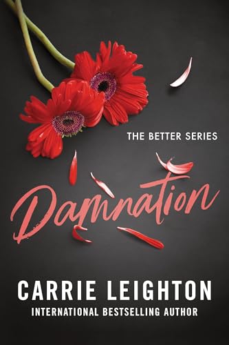 Book cover: red gerberas and title “Damnation” on a dark background.