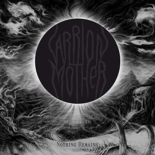 Black and white album art featuring a central dark circle over a grim landscape.