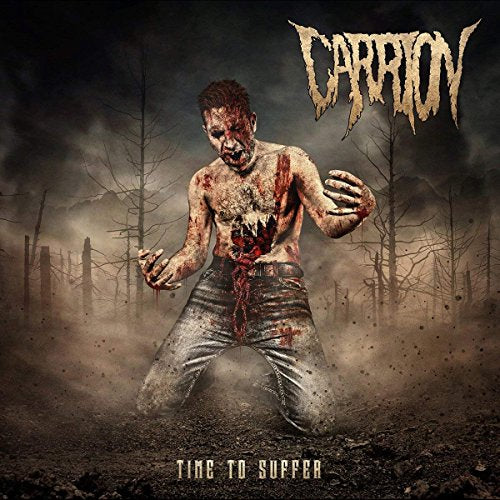 "Album cover featuring a bloody, kneeling man in a dark, barren landscape."