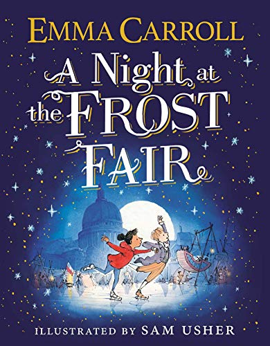 Book cover: children ice skating at a winter fair under a moon.